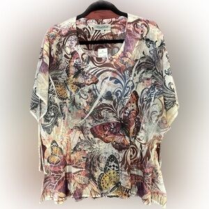 Semi Shear tunic top floating Butterfly’s rhinestones & swirls of pink & purple